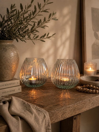Theelichthouder glas bol - streep patroon sfeerverlichting | SJAAK