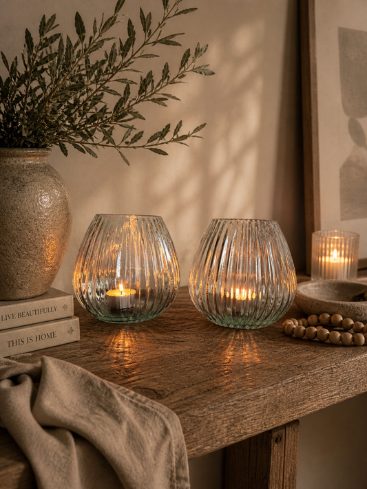Theelichthouder glas bol - streep patroon sfeerverlichting | SJAAK