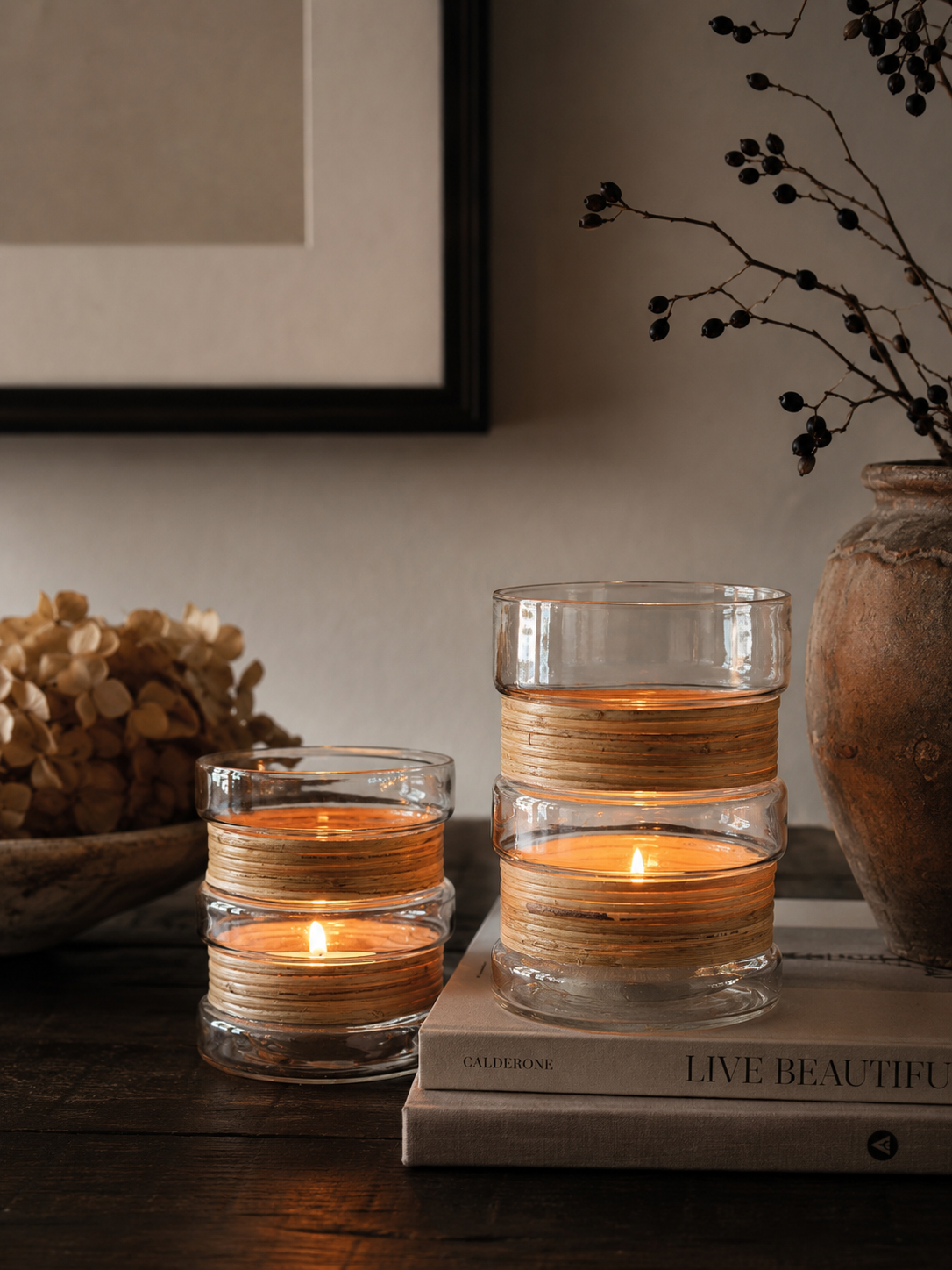 Glazen kaarsenhouder | Decoratief met zeegras - ROSALIE