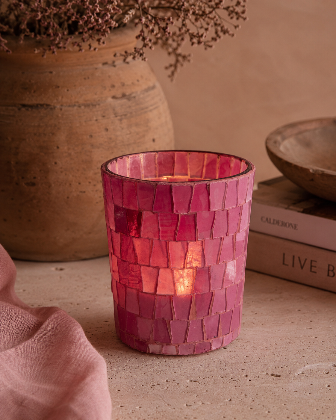 Glazen mozaïek kaarsenhouder roze | Sfeermaker & decoratief  - PIXIE