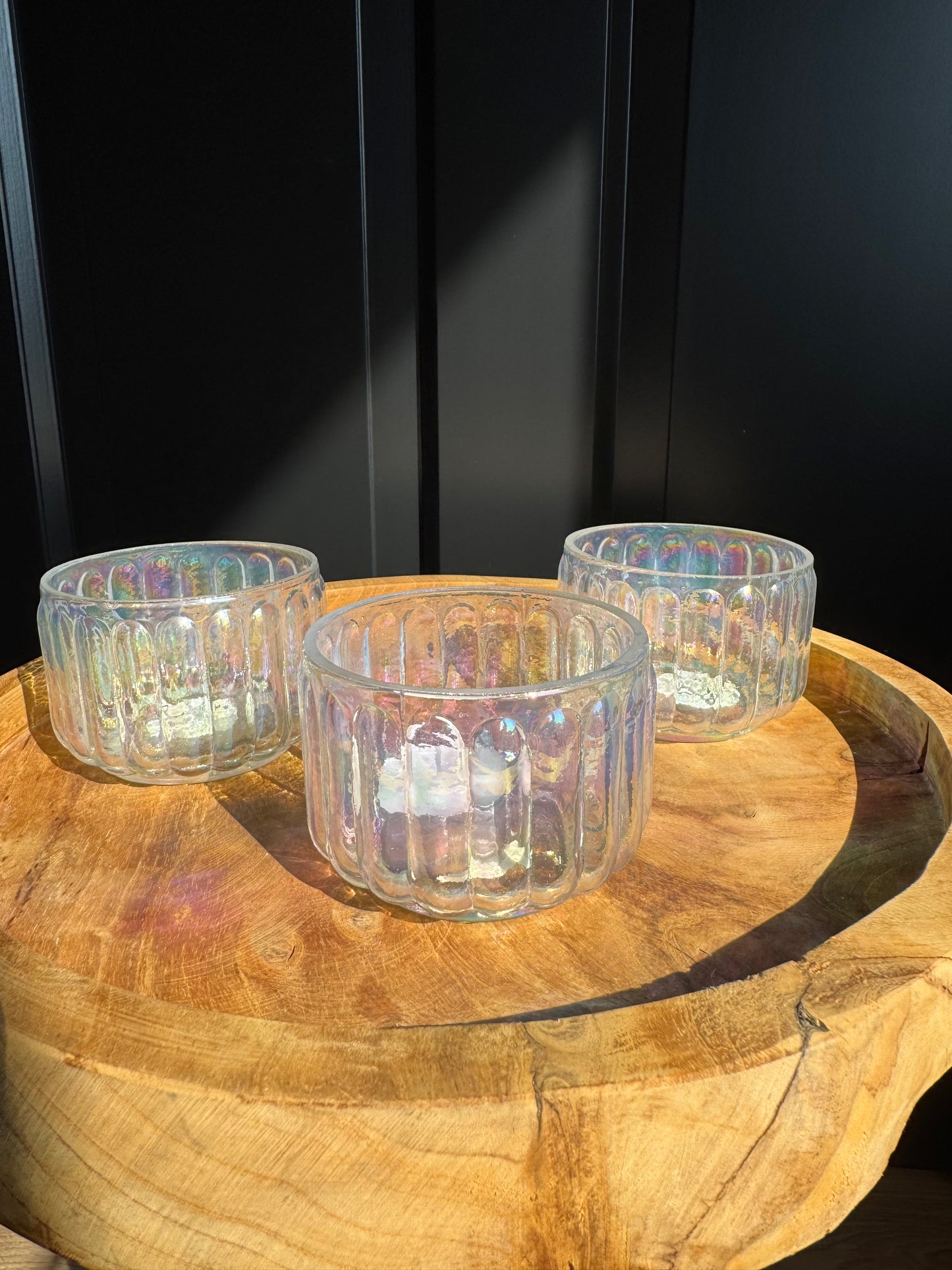 Theelichthouder glas parelmoer - sfeervolle houder met streep | KAATJE