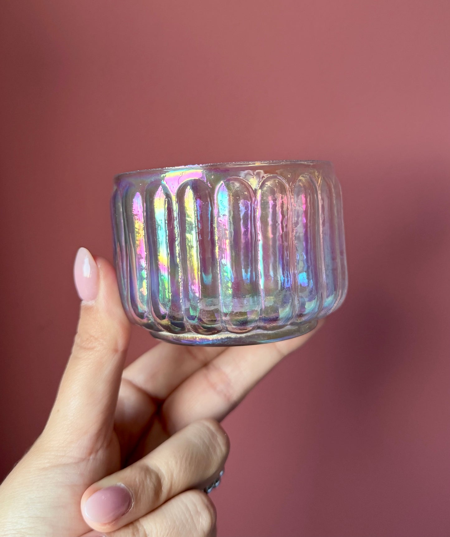 Theelichthouder glas parelmoer - sfeervolle houder met streep | KAATJE